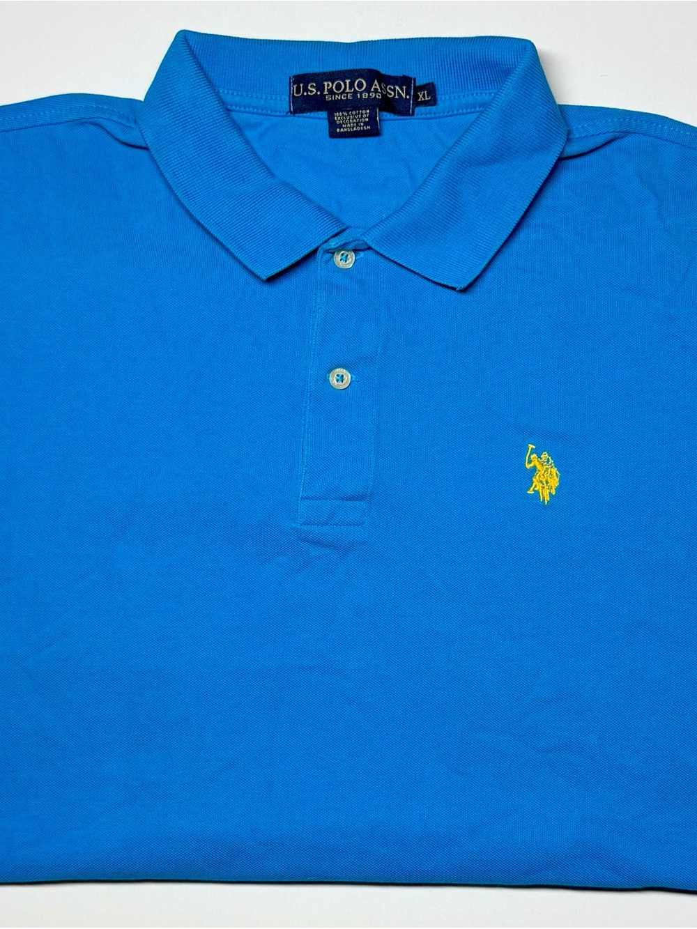 US Polo Assn Men’s XL Blue Pique Polo Shirt Yellow Logo 100% Cotton Casual